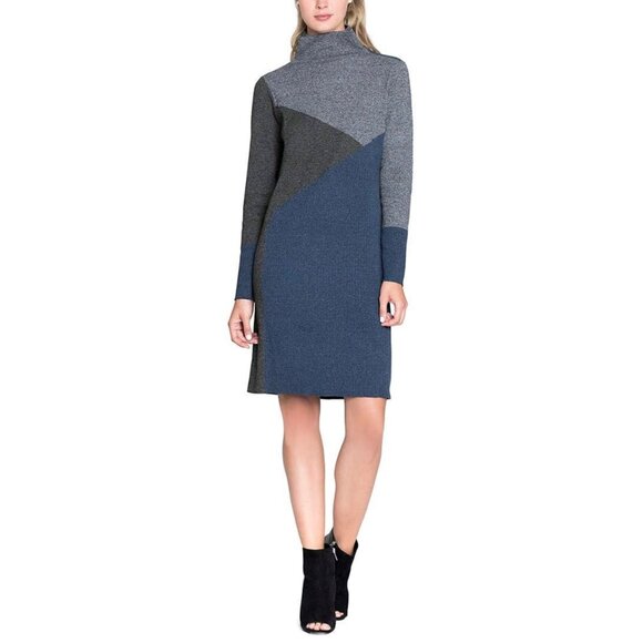Nic Zoe Womens Long Sleeve Mock Neck Sweater Dress Colorblock Blue Gray size L - Picture 1 of 13
